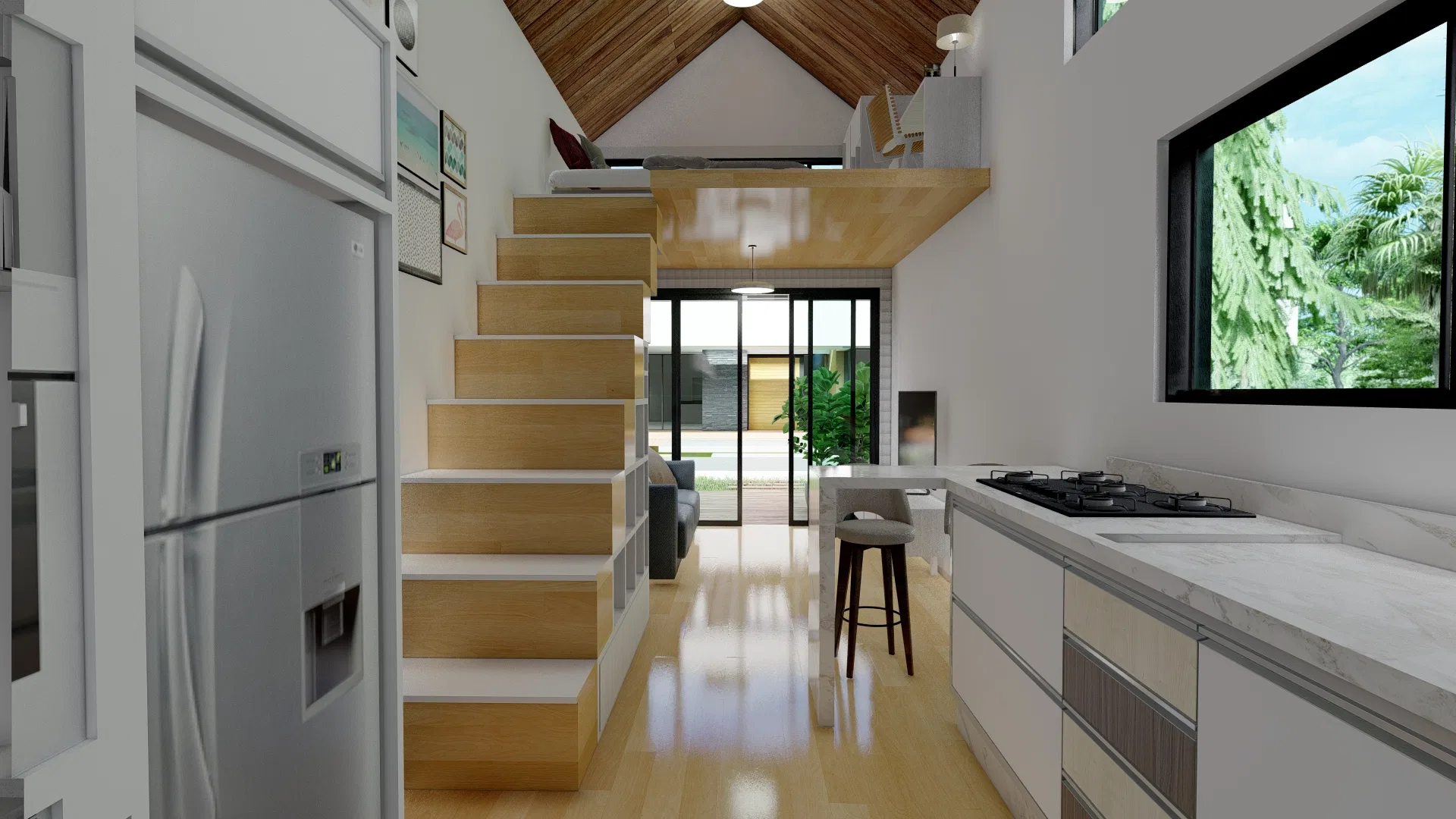 Sala e cozinha integradas de uma tiny house, com escada de madeira com nichos, mezanino ao fundo e porta de vidro para o jardim