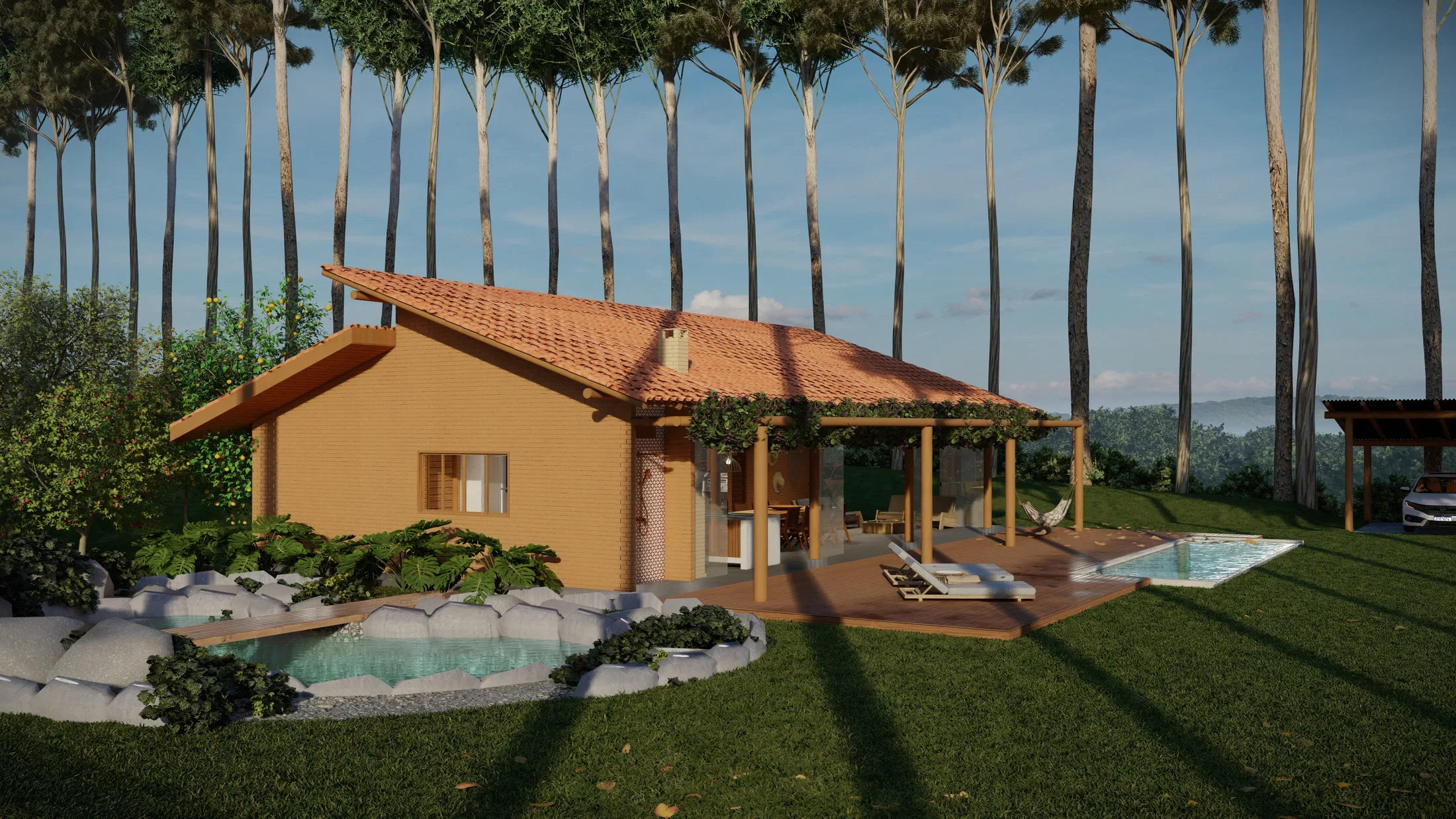 Casa térrea entre pinheiros altos, telhado cerâmico, varanda coberta e piscina de pedra em primeiro plano