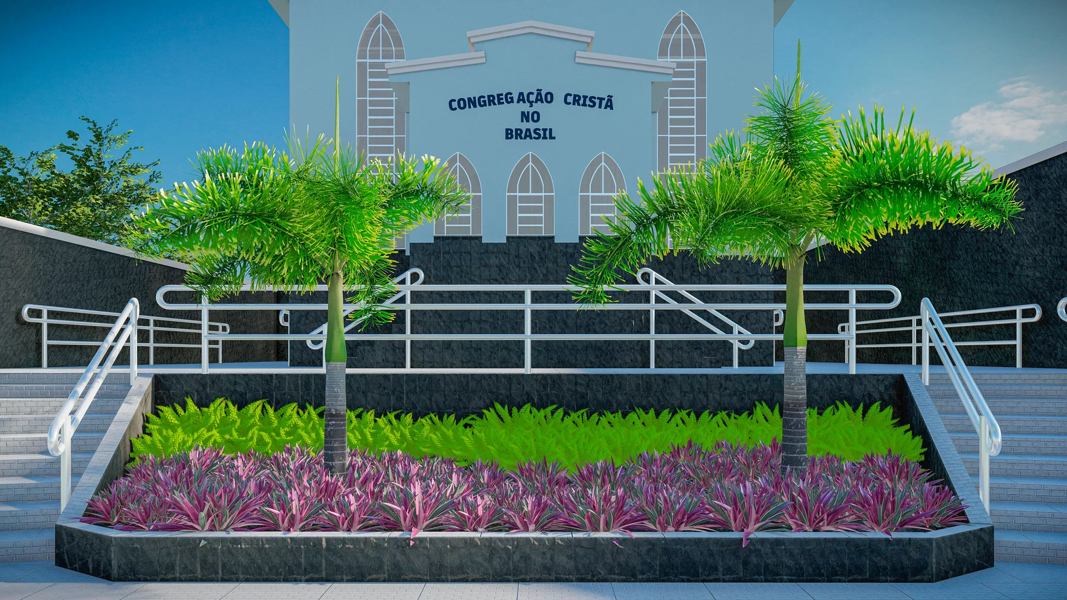 Frente de igreja com duas palmeiras emoldurando canteiro de folhagens roxas e verdes, rampas e corrimãos brancos sobre muros de pedra escura