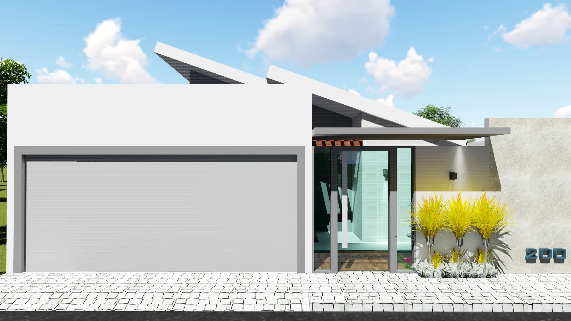 Fachada branca minimalista com portão de garagem integrado, arbusto de flores amarelas e marquise de madeira sobre a entrada de vidro