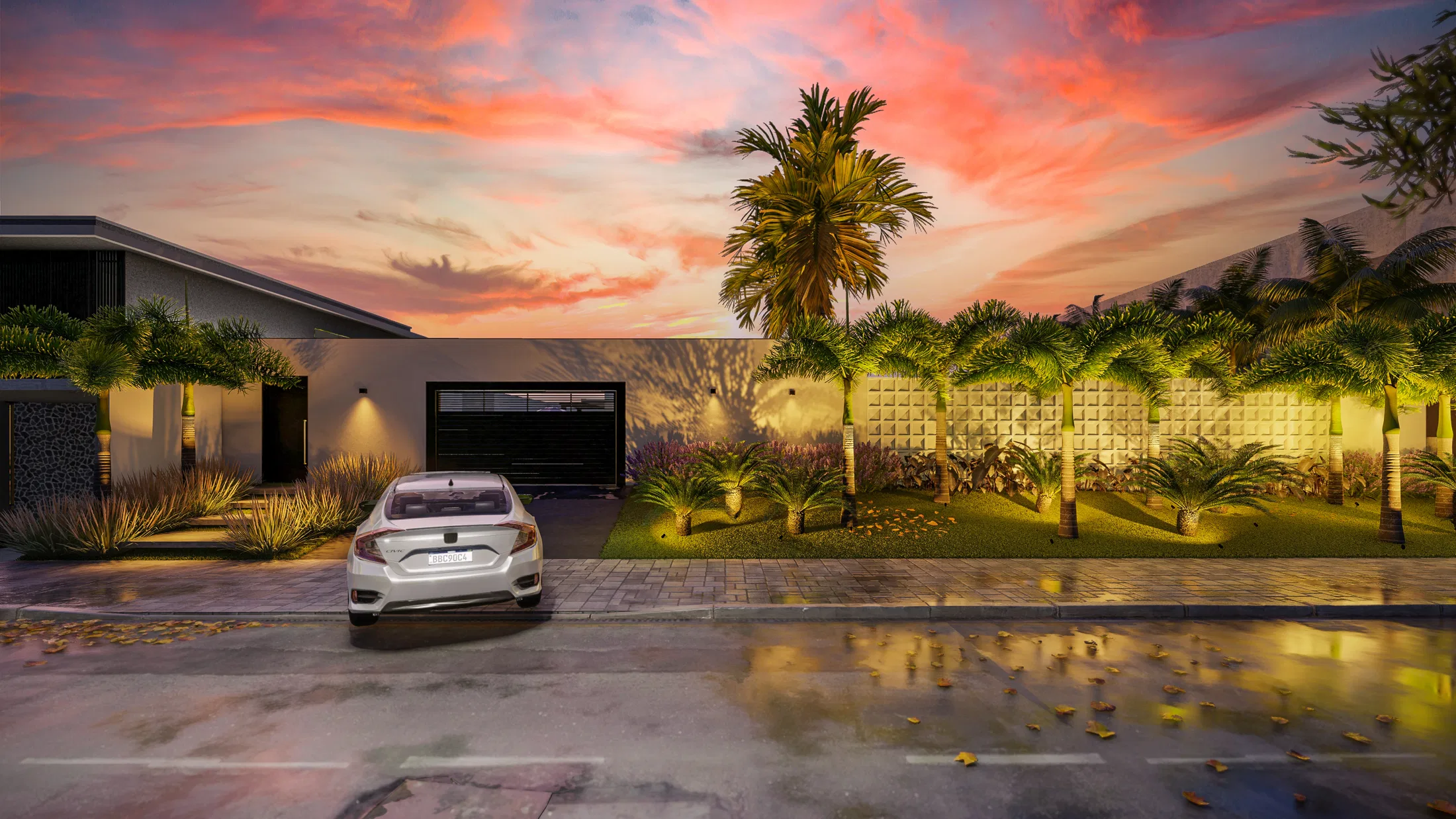 Fachada residencial ao entardecer com céu em tons rosados, fileira de palmeiras junto ao muro e carro na entrada