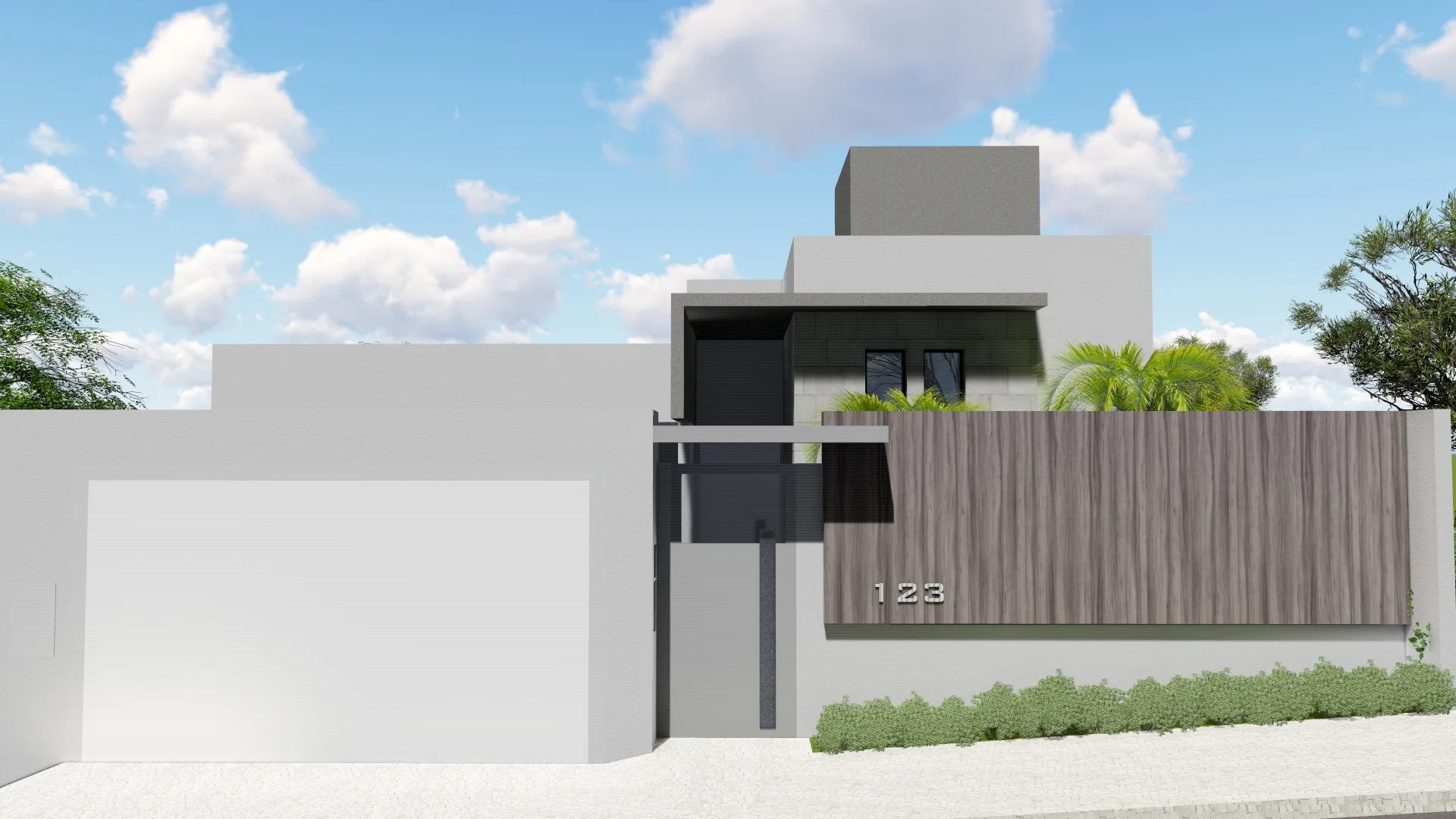 Fachada de casa térrea em revestimento cimentício cinza, com portão de madeira ripada, jardineira elevada e pequena palmeira