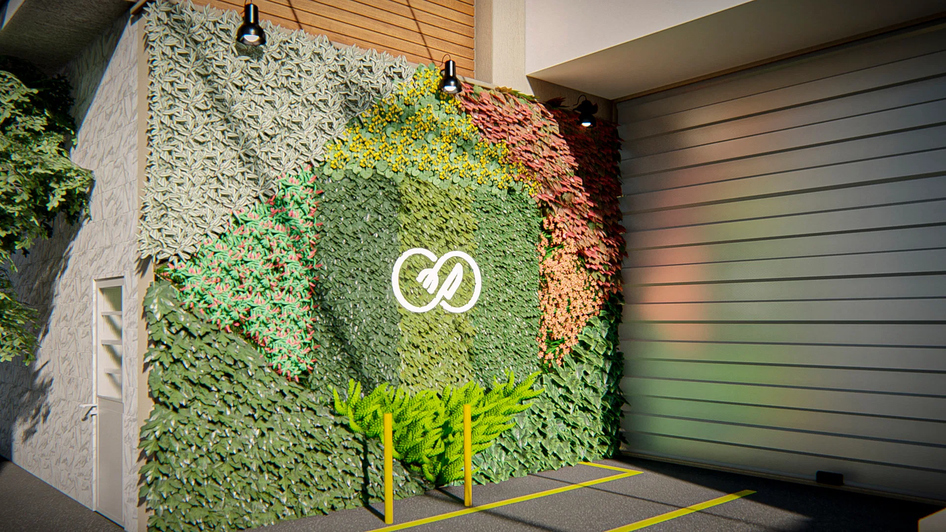 Jardim vertical emoldurando a garagem à luz do dia, com composição circular de folhagens variegadas e avermelhadas e logotipo branco ao centro.