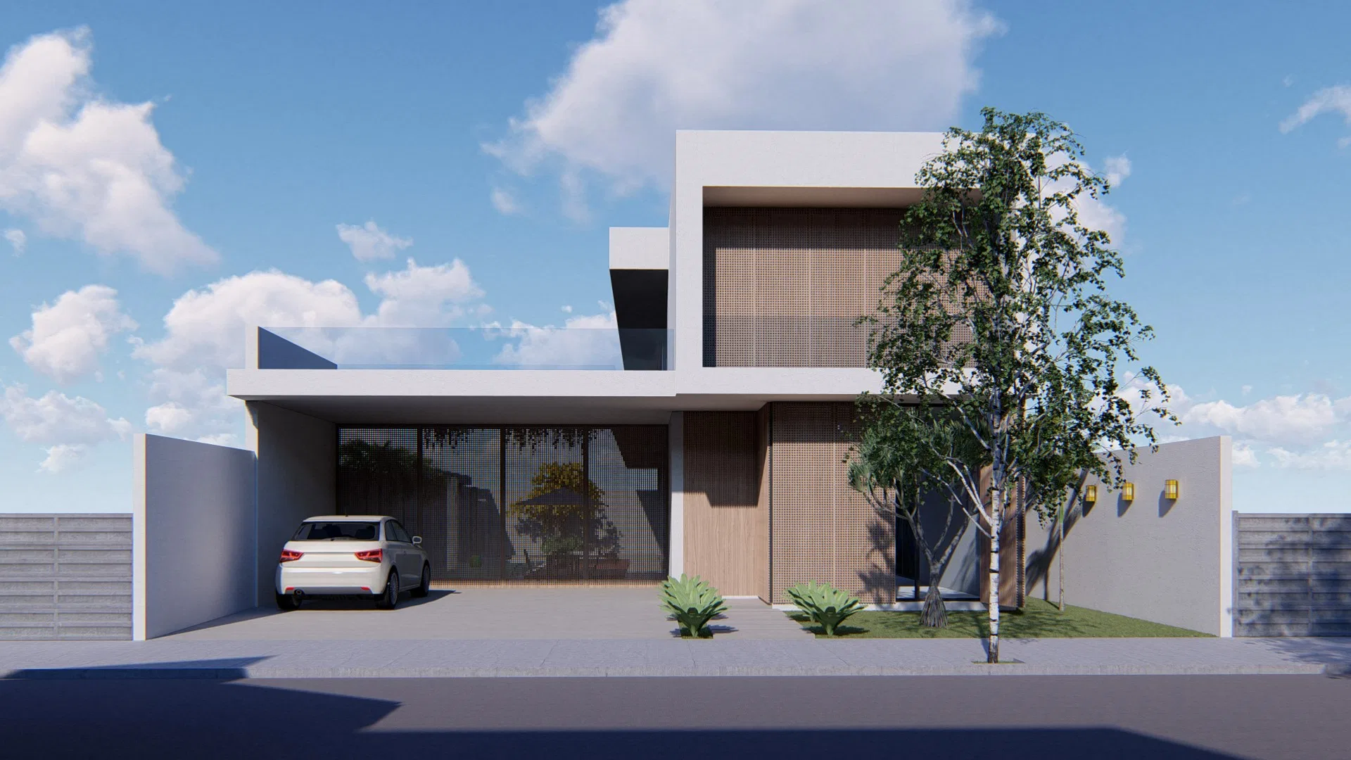 Fachada de casa contemporânea com volumes brancos, painéis de madeira ripada e um carro sob a garagem coberta, com árvore de tronco claro ao lado