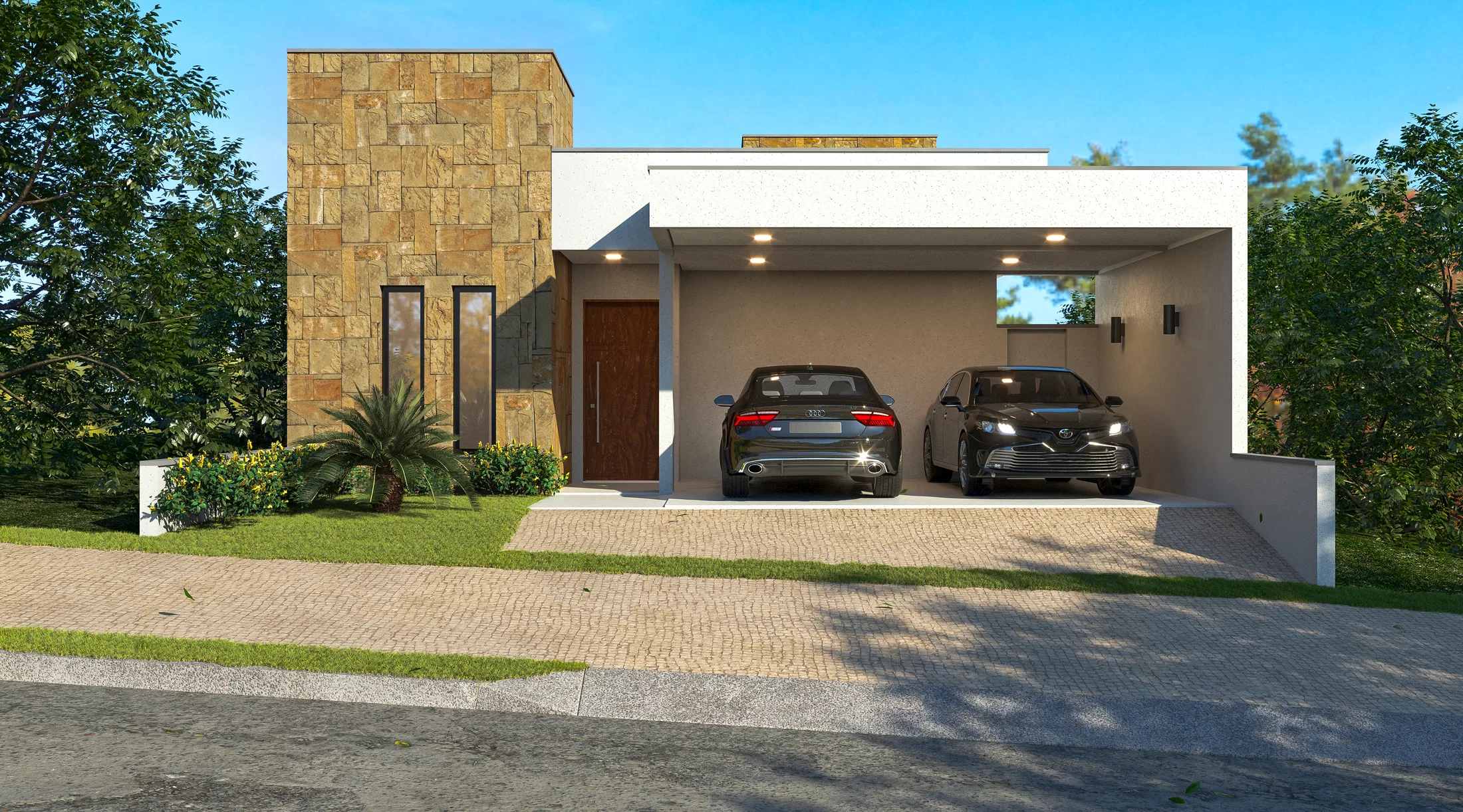 Fachada de residência térrea com revestimento em pedra, porta de madeira e garagem coberta com dois carros estacionados