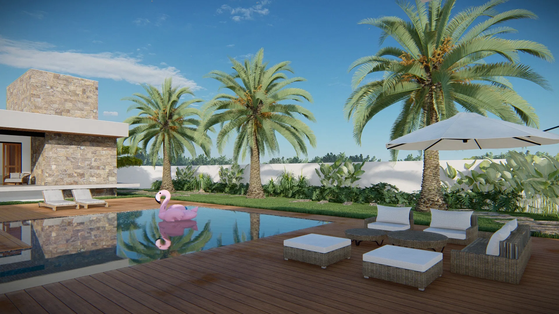 Deck de madeira à beira da piscina, com palmeiras adultas, móveis de vime, guarda-sol branco e boia de flamingo na água