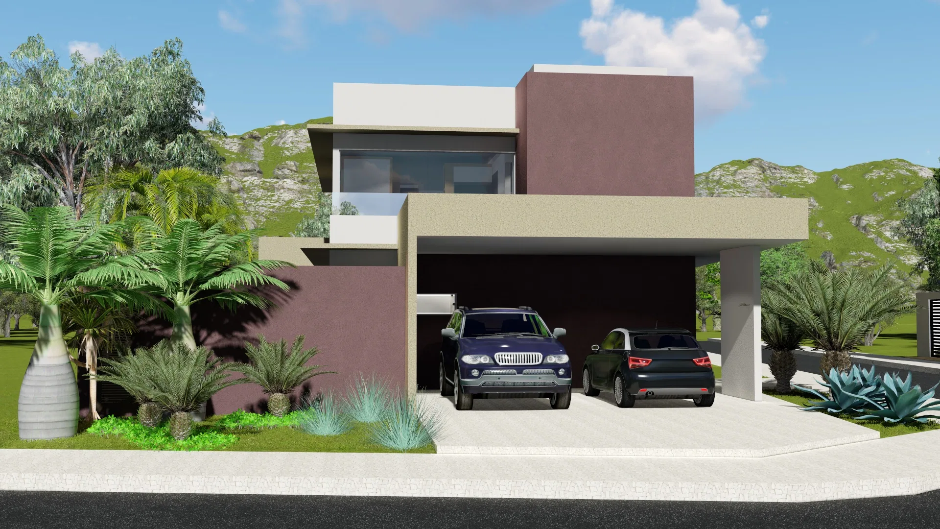 Fachada de residência contemporânea em tons neutros com garagem coberta e dois utilitários, jardim de entrada de palmeiras, cicas e agaves diante de morros
