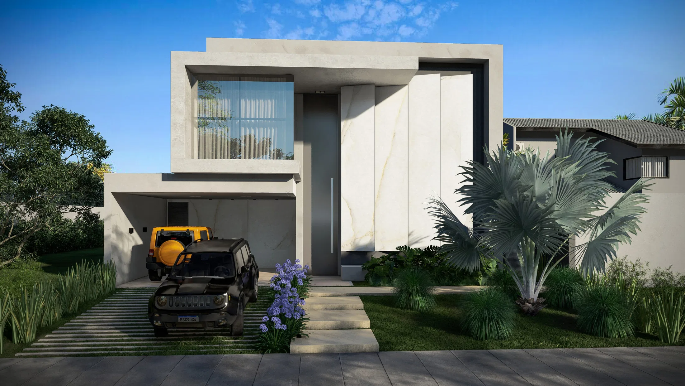 Fachada de casa contemporânea clara com garagem coberta abrigando um veículo preto, jardim frontal com palmeira-azul de leque e agapantos lilás junto ao caminho