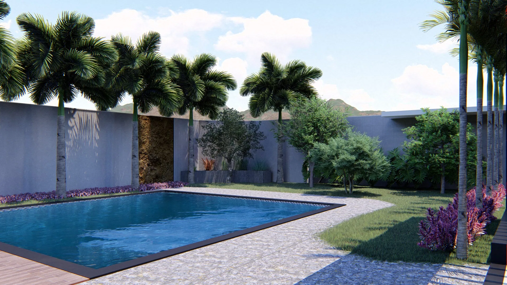 Piscina de raia com deck de madeira, emoldurada por palmeiras imperiais e muros cinza, com caminho de pedras e arbustos floridos roxos ao lado do gramado