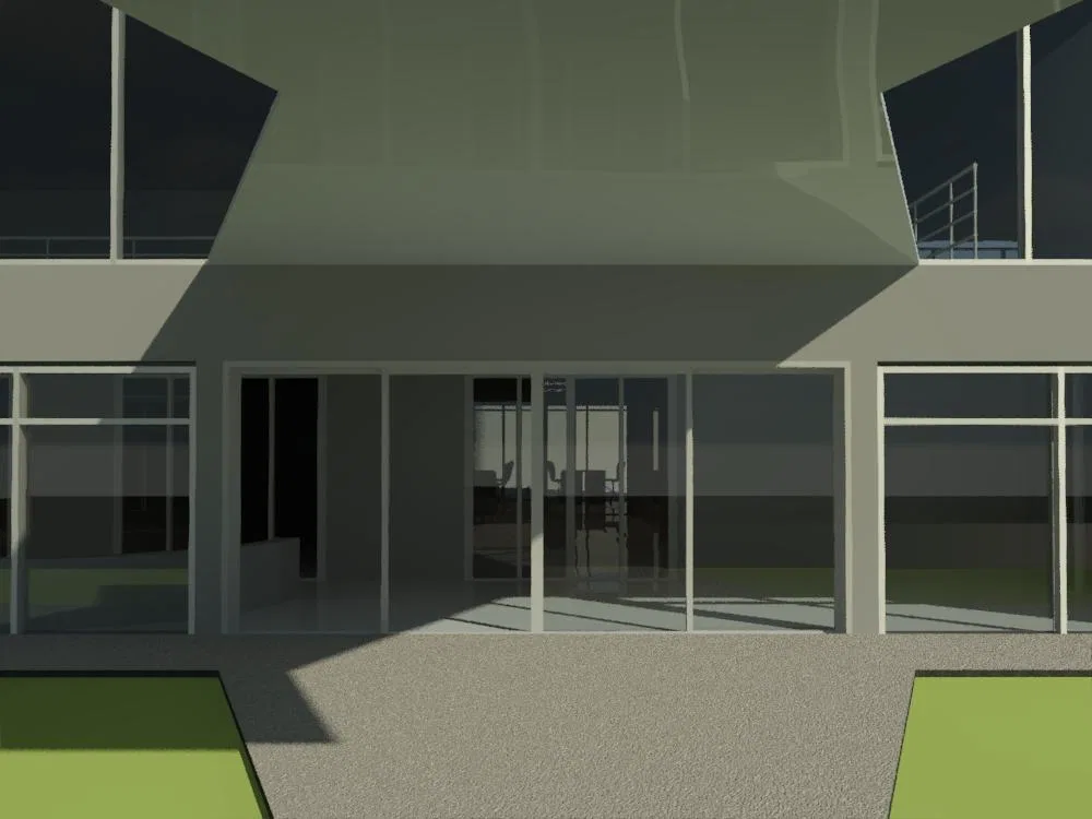 Entrada de edifício com pavimento superior em balanço, térreo envidraçado com portas de correr e mobiliário visível ao fundo, faixas de gramado no pátio