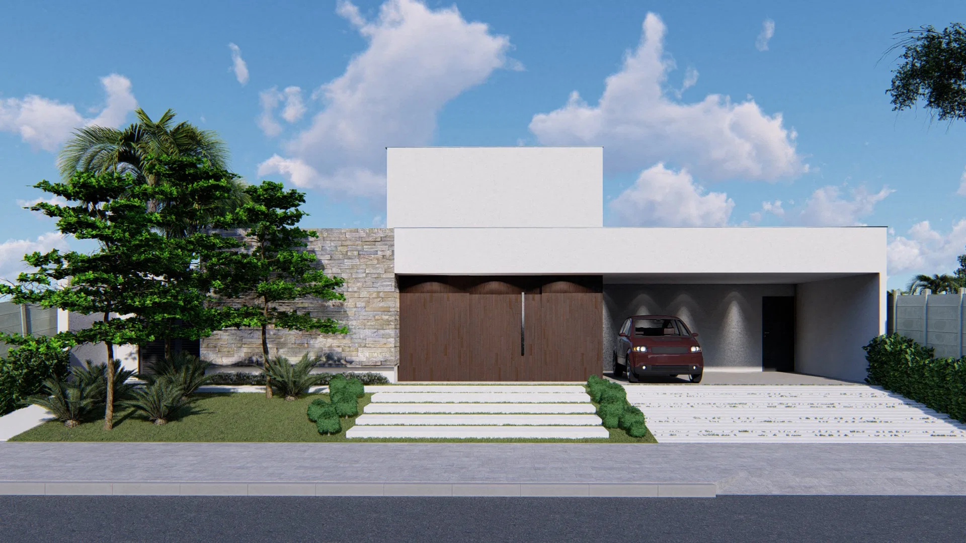 Fachada térrea contemporânea com painel de pedra empilhada, portas pivotantes de madeira e garagem coberta com um carro vinho, sobre acesso de pisos e grama