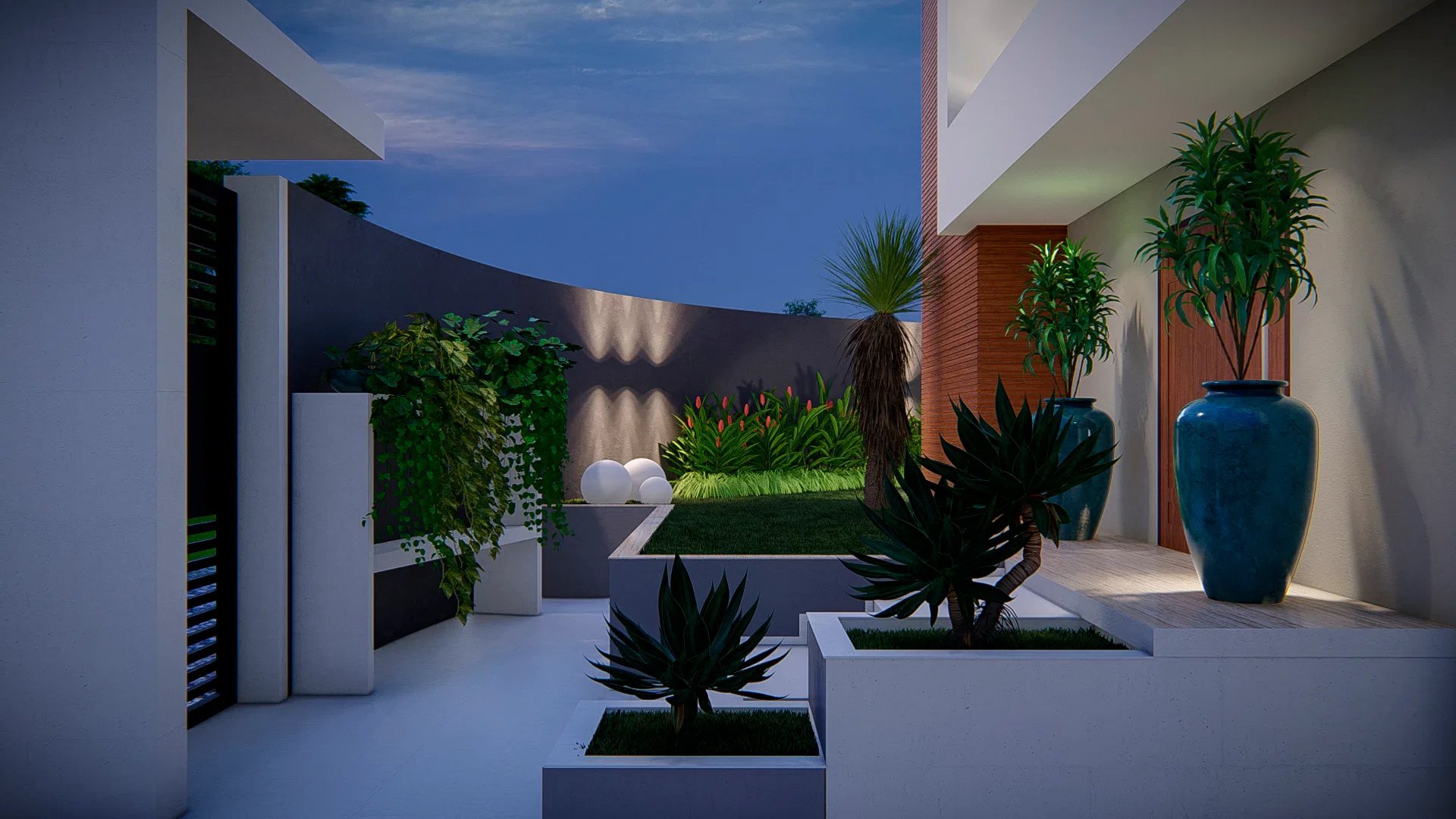 Pátio interno ao anoitecer com canteiros brancos de agaves, grandes vasos azuis de cerâmica e parede curva banhada por luz rasante