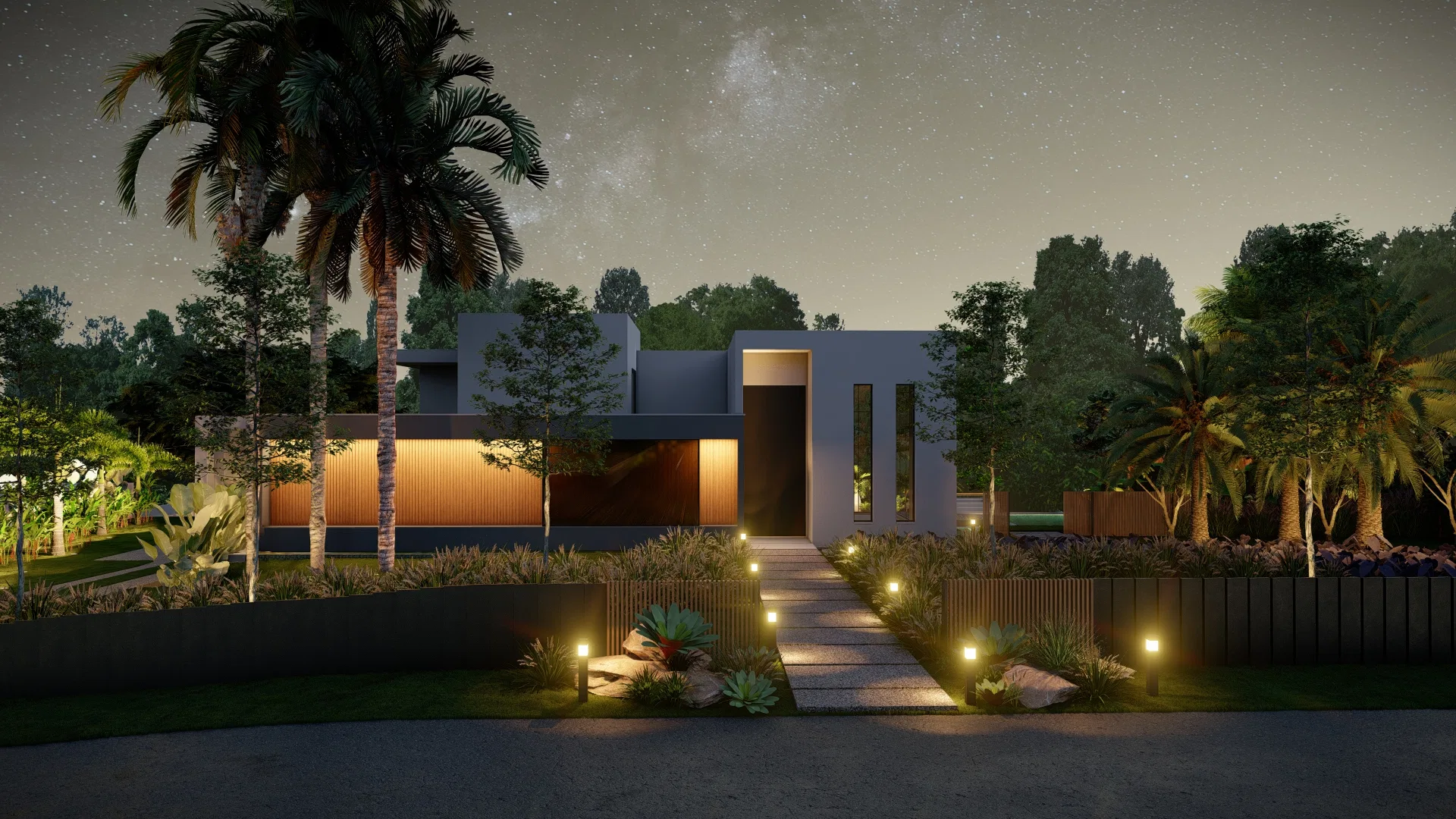 Fachada noturna de casa térrea contemporânea com palmeiras altas, caminho de acesso iluminado por luminárias baixas e céu estrelado